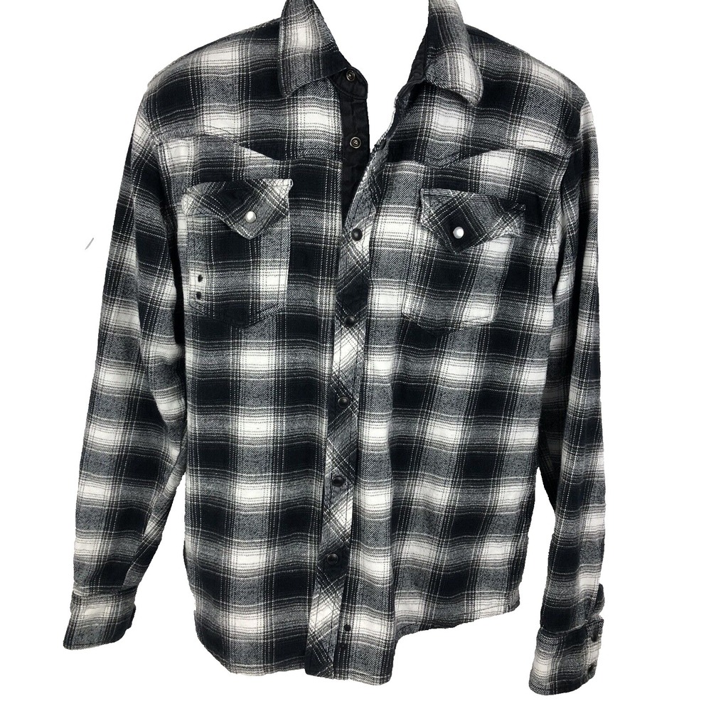 Micros‎ Shirt Men L Black Flannel Plaid Snap Custom Embroidery Western Logo